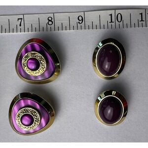 Set of 4 Vintage Clip On Earrings Purple  Oval Beaded Cluster Designer Retro